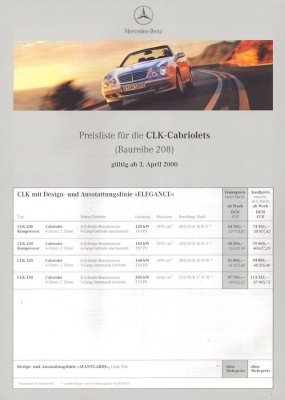 Mercedes-Benz CLK-Cabriolets Preisliste 4.2000