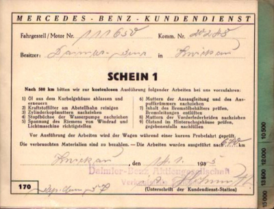 Mercedes-Benz Typ 170 Kundendienstheft 1935