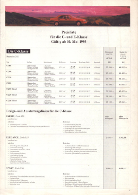 Mercedes-Benz C- und E-Klasse Preisliste 5.1993