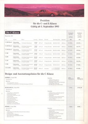 Mercedes-Benz C- und E-Klasse Preisliste 9.1993