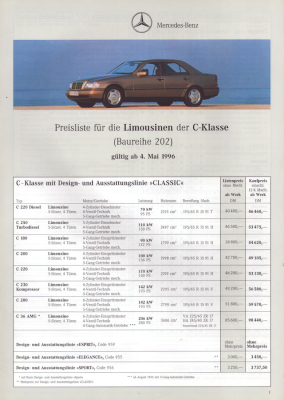 Mercedes-Benz C-Klasse Limousinen Preisliste 5.1996