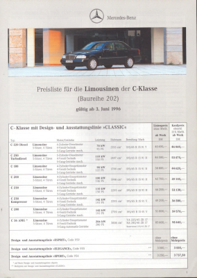 Mercedes-Benz C-Klasse Limousinen Preisliste 6.1996