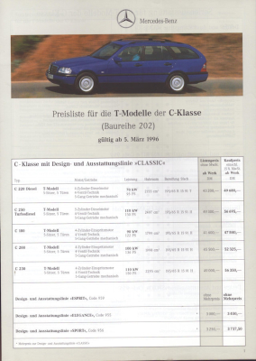 Mercedes-Benz C-Klasse T-Modelle Preistliste 3.1996