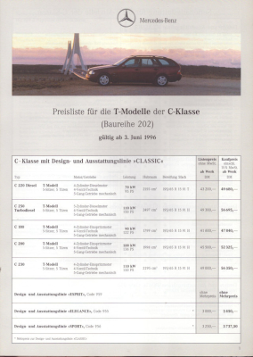 Mercedes-Benz C-Klasse T-Modelle Preistliste 6.1996