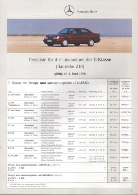 Mercedes-Benz E-Klasse Limousinen Preisliste 6.1996