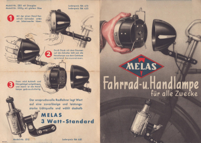 Melas Fahrrad- u. Handlampe Prospekt 1930er Jahre