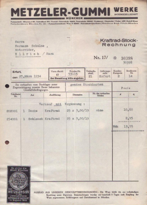 Metzeler Gummi Werke München Rechnung 1934 / 1936