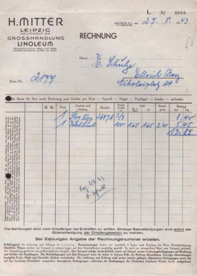 H. Mitter Großhandel Linoleum Leipzig Rechnung 1943