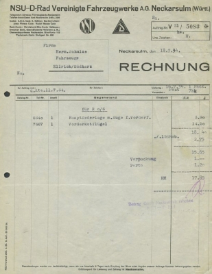 NSU D-Rad R 0/6 Rechnung von 1934