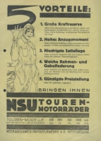 NSU poster 5 Vorteile, NSU-Touren-Motorräder 250 - 1000 ccm ca. 1927