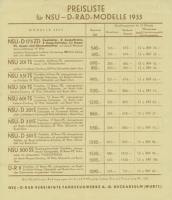 NSU-D pricelist Serie A 11.2.1933