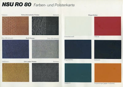 Preview: NSU RO 80 Wankel Farben und Polsterkarte 10.1968