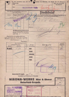 Nirona Werke Beierfeld / Erzgeb. Frachtbrief 1938
