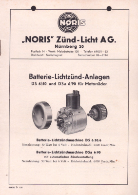 Noris Batterie-Lichtzünd-Anlage DS 6/50 Dsa 6/90 11.1953