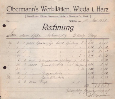 Obermann`s Werkstätten Wieda i. Harz Rechnung 1929