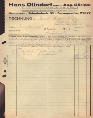 Hans Ollndorf Hannover Rechnung 1929