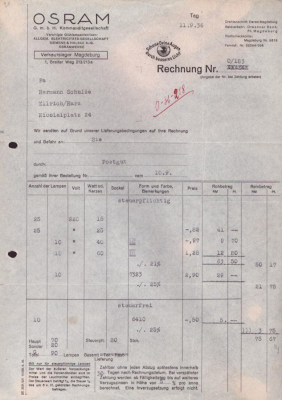 Osram Verkaufslager Magdeburg Rechnung 1929-1936