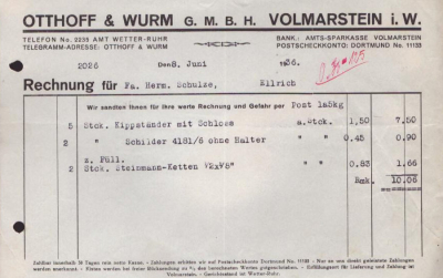 Otthoff & Wurm GmbH Volmarstein / Ruhr Rechnung 1935 / 1936