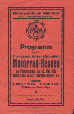 Programm Mühldorf Sandbahnrennen 16.5.1932