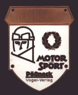 Plakette Motor & Sport Pößneck, Vogel Verlag 3.8.1930