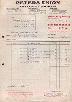 Peters Union Frankfurt a.M. Rechnung 1929 / 1930