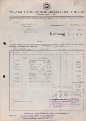Polack-Titan Gummi GmbH Waltershausen / Thür. Rechnung 1929