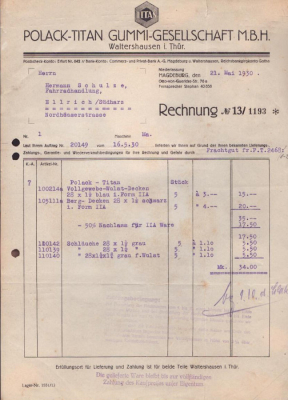 Polack-Titan Gummi GmbH Waltershausen / Thür. Rechnung 1930
