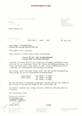 Porsche Carrera RS 3,8 und RSR 3,8 Angebot 6.1993