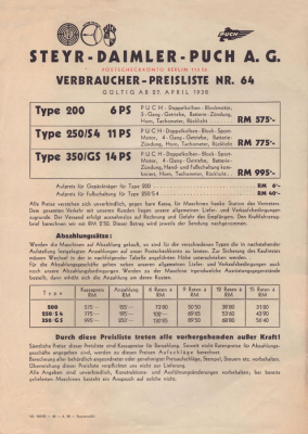 Puch Preisliste 4.1938