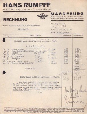 Hans Rumpff Magdeburg Rechnung 1930