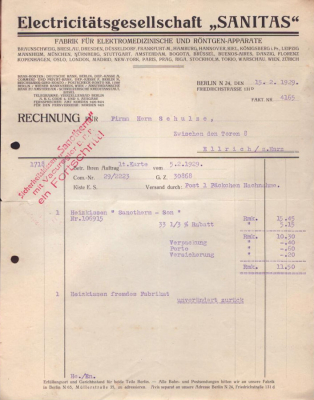 Electricitätsgesellschaft Sanitas Berlin Rechnung 1929