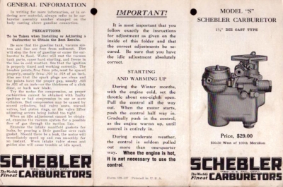 Schebler Vergaser Modell S Ersatzteilliste 5.1927