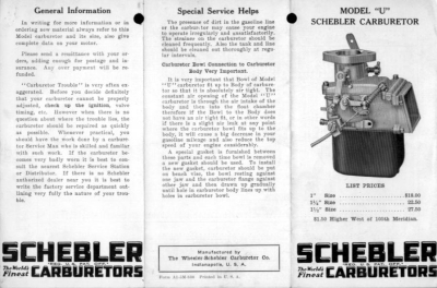 Schebler Vergaser Modell U Ersatzteilliste 8.1930