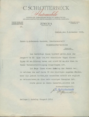 Schlotterbeck Automobile Zürich Schreiben 1923