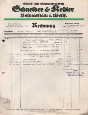 Schneider & Keßler Volmarstein Rechnung 1928