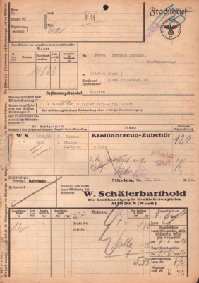 W. Schäferbarthold Minden Frachtbrief 1938 / 1939