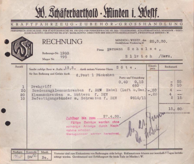 W. Schäferbarthold Minden Rechnung 1928 / 1930