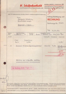 W. Schäferbarthold Minden Schreiben / Rechnung 1930 / 1936