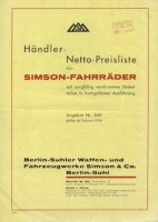 Simson Händler Preisliste 2.1934