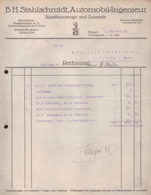 B. H. Stahlschmidt Erfurt Rechnung DKW Sport Motorrad 1926