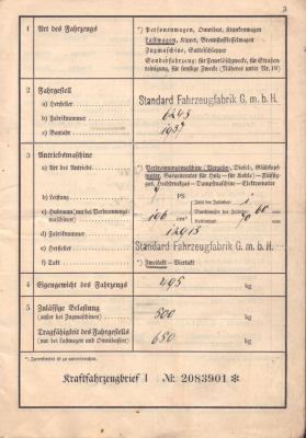 Standard 196 ccm Lastwagen Original Fahrzeugbrief 1937