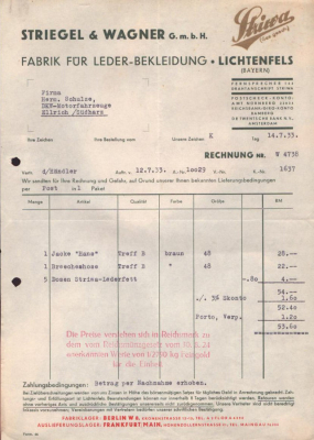 Striegel & Wagner Lichtenfels Rechnung 1933