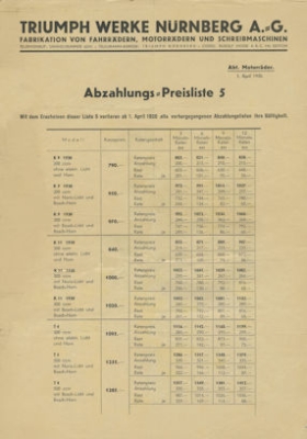 Triumph Abzahlungs-Preisliste 1930