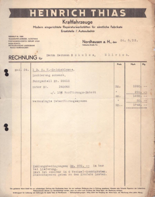 Heinrich Thias Kraftfahrzeuge Nordhausen Rechnung 5.1933
