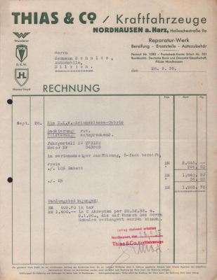 Thias & Co. Kraftfahrzeuge Nordhausen Rechnung 9.1935