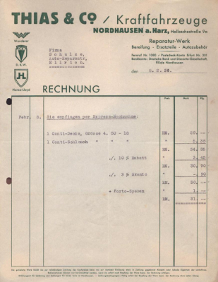 Thias & Co. Kraftfahrzeuge Nordhausen Rechnung 1934