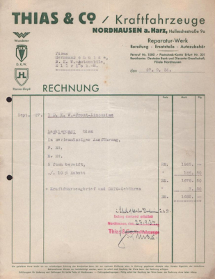 Thias & Co. Kraftfahrzeuge Nordhausen Rechnung 9.1934