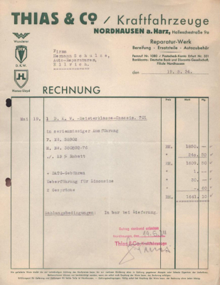 Thias & Co. Kraftfahrzeuge Nordhausen Rechnung 5.1934