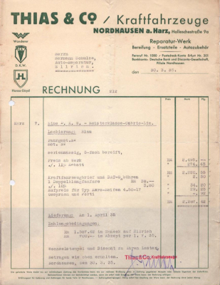 Thias & Co. Kraftfahrzeuge Nordhausen Rechnung 3.1935