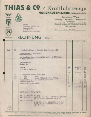 Thias & Co. Kraftfahrzeuge Nordhausen Rechnung 5.1935